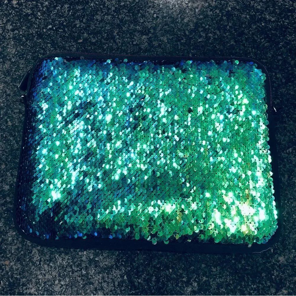 Mermaid Teal Green Sequin Laptop or Tablet IPad Pouch Case